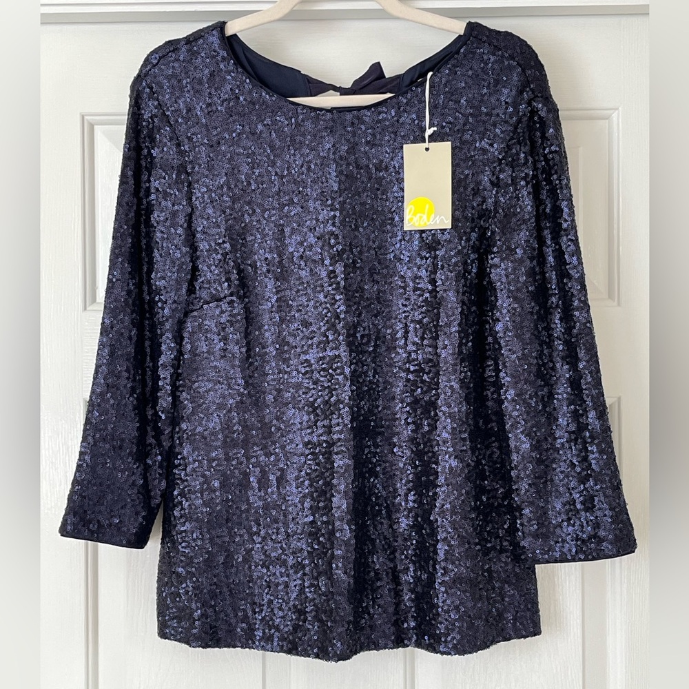 NWT Boden Emmy Sequin Top, Navy, Size 8